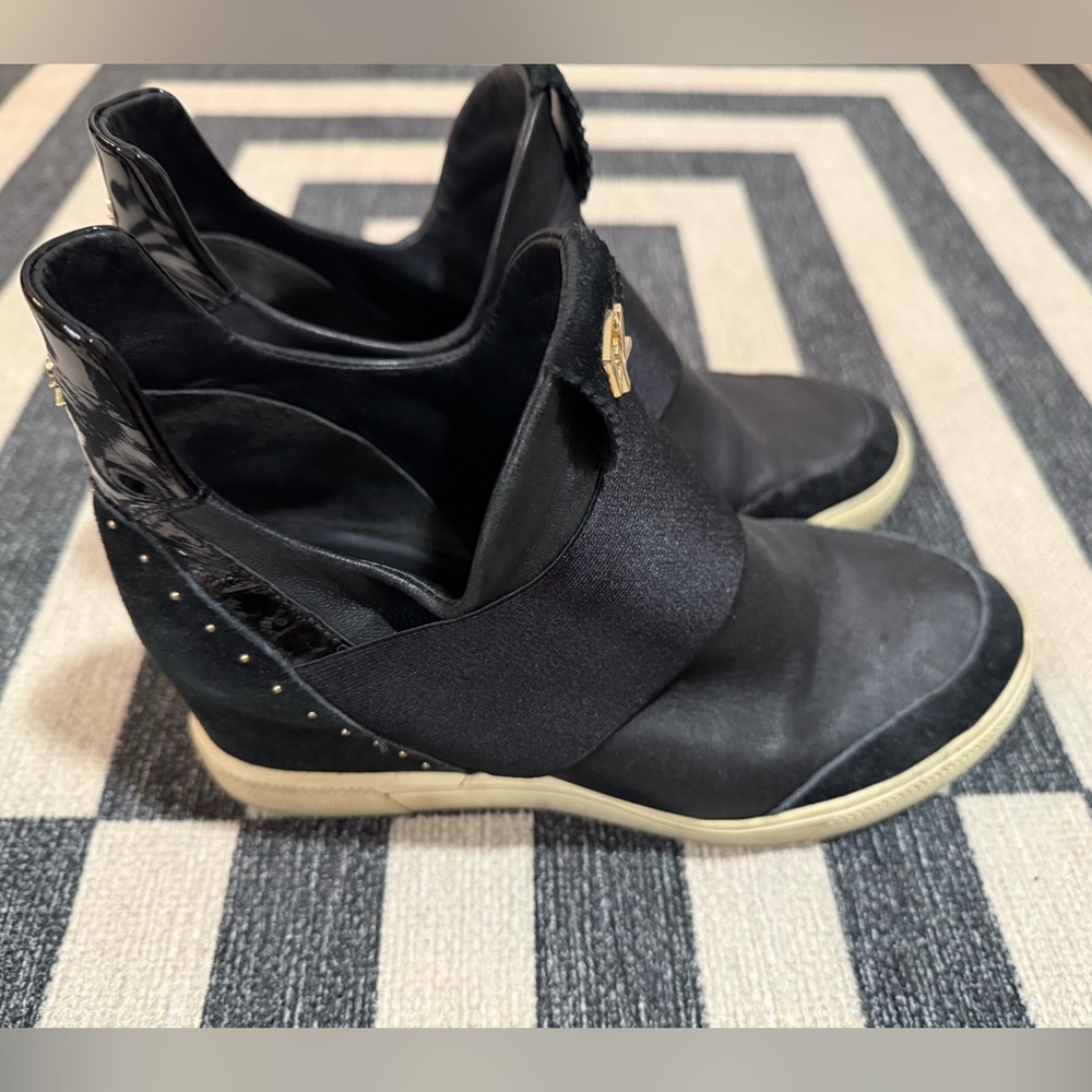 Donna Karan Leather and Suede Wedge Sneakers